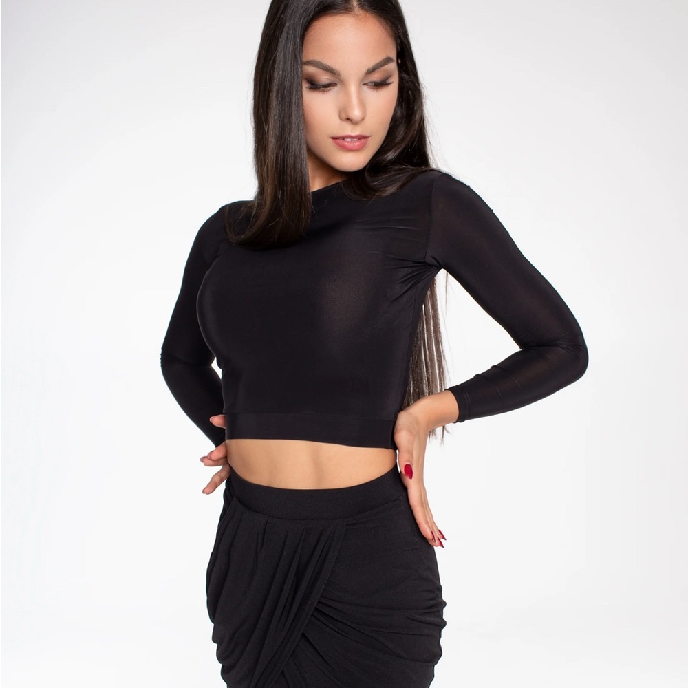 Danza ballroom Elegant Black Long Sleeve Crop Top
